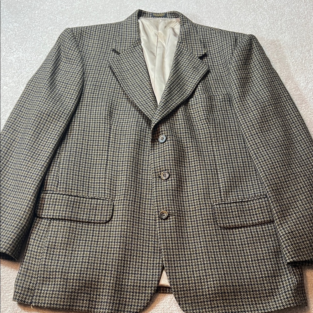 Oscar de la‎ Renta Signature Houndstooth Wool Blazer Mens 43R Jacket Tan Brown